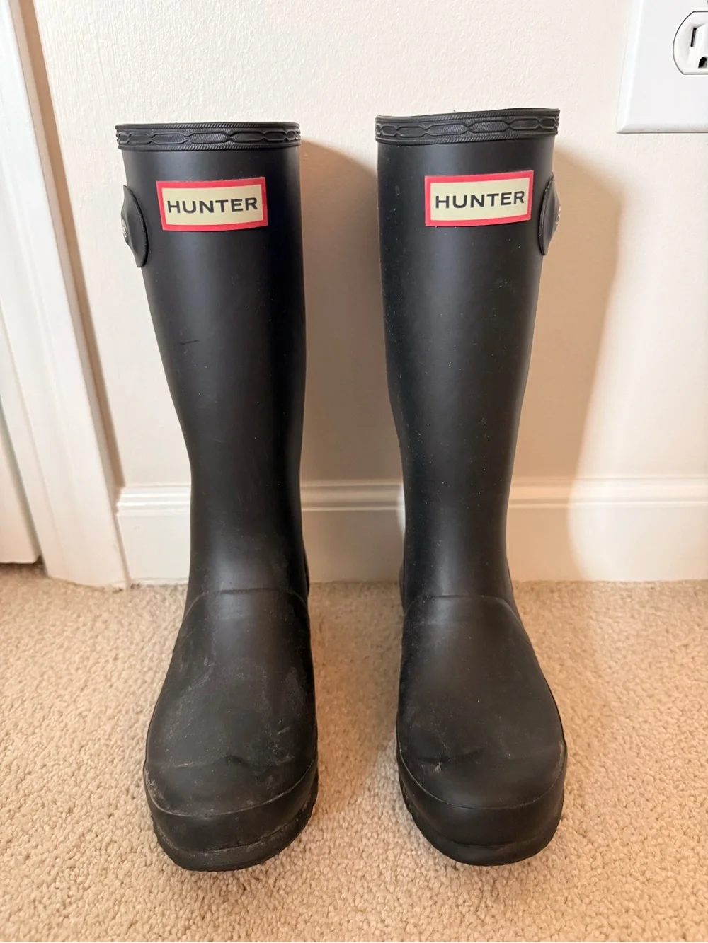Hunter Kids Black Tall Rain Boots with Red Logo Trim